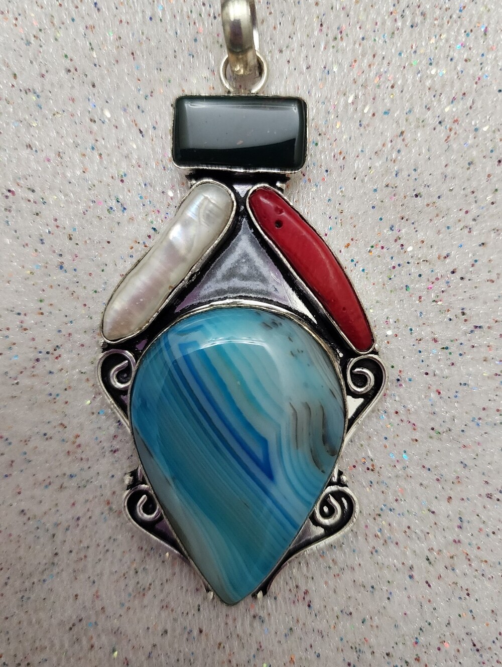 Botswana Agate & Coral Baroque Pearl Onyx Sterling Silver Pendant Boho Indie